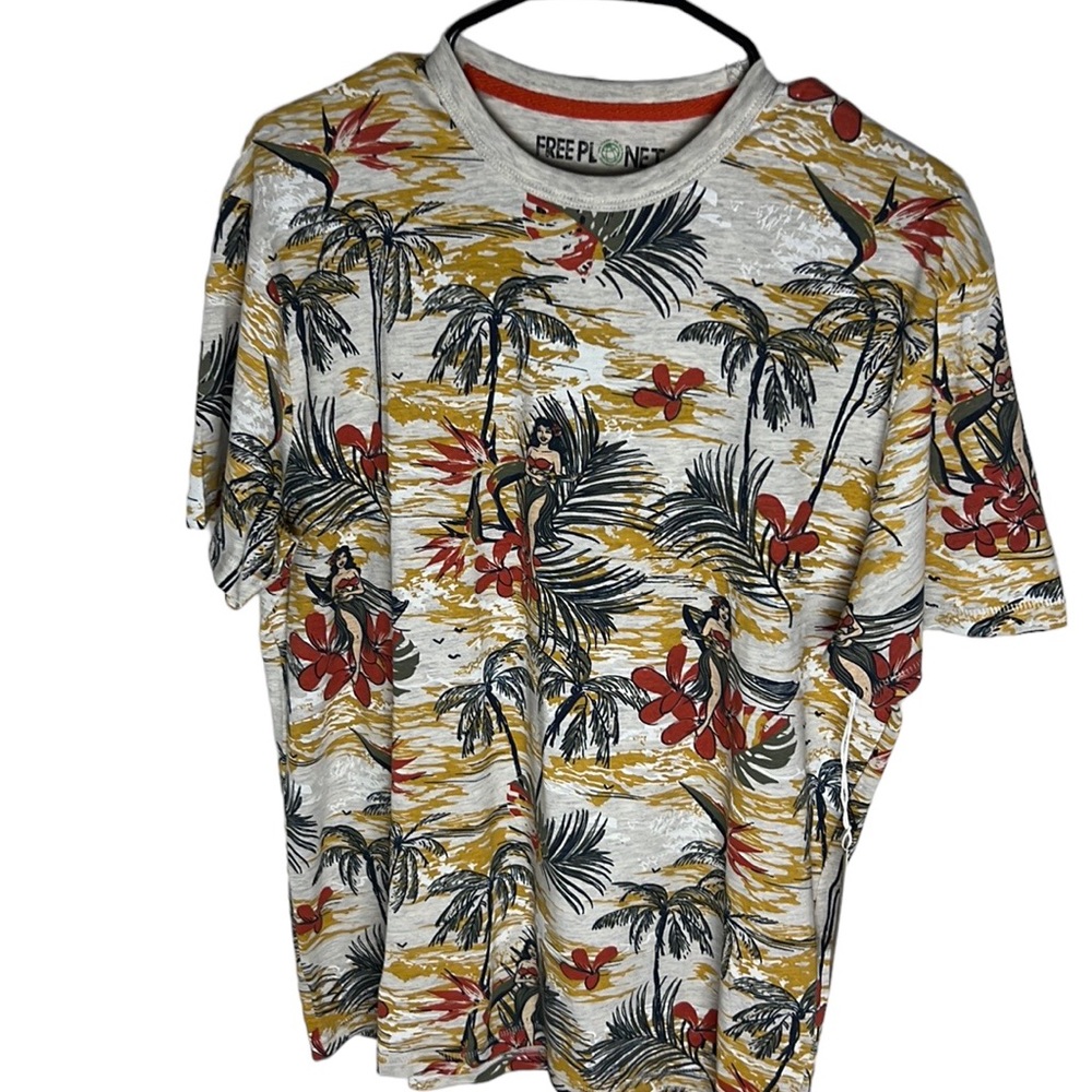 Free Planet Oatmeal Heather Tropical Aloha Shirt Size M